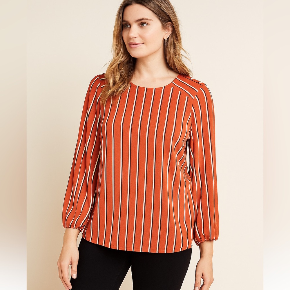 ADRIANNA PAPELL Anthropologie orange striped top, small elastic balloon sleeve